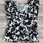 Loft  Floral V Neck Top Womens S White Navy Blue Ruffle Sleeve Cotton Shirt Photo 0