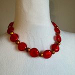 Vintage Red Resin and Gold Crackled Cats Eye Beaded Necklace Photo 0