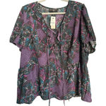 Lane Bryant Illusion Blouse 24P Dark Floral Purple Short Sleeve Ruffle Petite 24 Photo 0