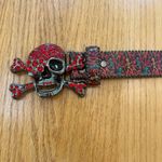 Printed Rhinestones Big Skull And Bones Buckle Red Belt Punk Goth 49” Photo 2