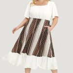 Bloomchic Bandana Patchwork Square Neck Pocket Ruffles Hem Dress lvory 22-24 Photo 0