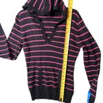 Hooded Sweater Womens Large Black Pink Striped Knit V Neck Kangaroo Pocket Soft Photo 5