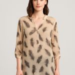 Criss Cross Feather Print Sheer Blouse Women's Medium Lightweight Bow Neck Black Photo 0