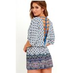 Lulus  Bright Alright Ivory Blue Print Romper Surplice Bodice Open Back Sz XL Photo 1