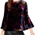 Trina Turk Shirt Womens Small Crushed Velvet Dark Floral Blouse Flutter Sleeves Photo 2