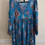 Bohemian Blue Green Babydoll Tunic Top Medium Comfy Relaxed Flowy Boho Blouse Photo 0