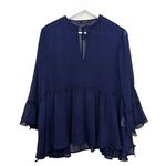 ZARA  Keyhole Ruffle Hem Sheer Top Womens Size L Bell Sleeves Navy Metallic Photo 0