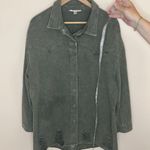 12th Tribe Womens Dark Olive Green Distressed Shacket Button Up One Size Jacket Photo 1