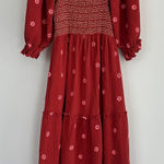 Floral Embroidered Smocked Nap Dress S/M Rust Smocked Gauze Puff Sleeve Cottage Orange Photo 0
