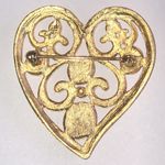 Vintage Satin Gold Tone Retro Boho Heart Brooch with Green Accents Photo 3