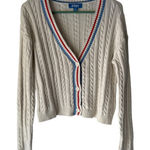 Prince Sweater Medium Cable Knit Cardigan Red Blue Stripe Trim Tennis Preppy White Photo 0