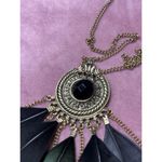 Boho Vintage Gold Tone Black Feather Fringe Statement Necklace Photo 2