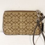 Coach Jacquard Logo Brown Tan Zip Leather Clutch Wristlet Bag Pouch Photo 3