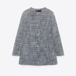 ZARA  New Blue White Round Collar Long Structured Blazer Shoulder Pads Size XL Photo 6