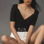 NWOT By Anthropologie Black Puff Sleeve Wrap Top Short Blouse Size M Size M Photo 0