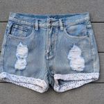 ChiQle Denim Lace Hem Distressed Jean Shorts | Lace Trim Jean Shorts Blue Size M Photo 0