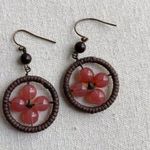 Vintage Red Agate/Wood Western Aztec Dangle Flower Round Earrings Wire Wrapped Pink Photo 9