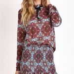 For Love & Lemons Geneva Geometric Print Long Sleeve Velvet Bow Blouse M Photo 2