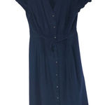 Loft Ann Taylor  Shirt Dress Button Front Belted Textured Pleated Navy Blue 6 Photo 0