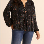 Lucky Brand  sz S Womens Black Floral Rutched Long Sleeve VNeck Top Boho Casual Photo 0
