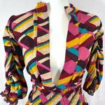 Vintage deep vneck colorful abstract print smocked peplum sweater top medium Photo 1