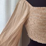 Japna  Cropped Long Sleeve Crop Top Checkered Brown and White Ruched Blouse Photo 1