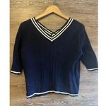 Westbound Fisherman Nautical V-Neck Sweater  Navy Blue White Sz L Petite Preppy Photo 0