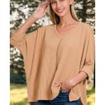 Zenana  Textured Hi-Low Hem Folded Sleeve V-Neck Top Photo 0