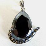 American Vintage Black TEARDROP PENDANT Hematite Gem Marcasite Sterling Silver For Necklace 18mm Photo 0