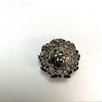 Vintage Mazer clip on earrings with textured center stone jeweled leaf border Silver Photo 2