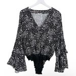 Free People  Ditsy Floral Black Lace Bodysuit Dramatic Ruffle Bell Long Sleeve M Photo 3