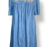 Vintage Go Softly Denim Floral Embroidered Housedress Short Sleeves Zipper Front Blue Photo 9
