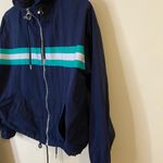 Forever 21 Navy Blue Full Zip up Hooded Jacket Windbreaker with Teal Stripes L Photo 3