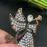 Monet Vintage  Signed Antique Brass-tone Rhinestone Angel Playing Trumpet Brooch Photo 10