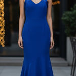 Theia Cobalt Smooth‎ Mermaid Sleeveless Crepe Gown w/ Satin Crisscross Size 8 Blue Photo 1