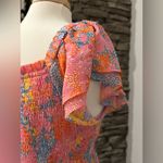 Meet Me In Santorini Smocked Bodice Floral Sleeve Mini Dress. Size Large Pink Photo 5
