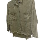 The Post Distressed Denim Jacket Khaki Green Raw Hem Pockets Button Front Size S Photo 1