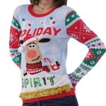 No Boundaries Womens Christmas Reindeer Sweater Size Small Blue Red Sequins Spirit Fringe Work Photo 3