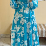 Tuckernuck  Maxi Dress Libby Watercolor Modest Turquoise And White Size Small Photo 0