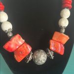 Vintage Chunky Raw Red Coral, White Coral and Tibetan Silver Bead Boho Necklace Photo 2