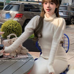 Cream Ivory Japanese Turtleneck Puffy Sleeves Knitted Sweater Blouse Shirt Top Photo 0