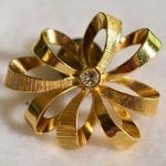 Unique Vintage Vintage Ribbon/Bow Texture/Smooth Gold Tone Clear RhinestonePin/ Brooch Photo 0