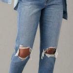 American Eagle Mom Jean Ripped Knees Distressed Denim High Rise Size 2 Blue Photo 0