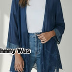 Johnny Was  Navy Blue Embroidered Lace Kimono Women's Size Large Boho‎ Open Front Photo 0
