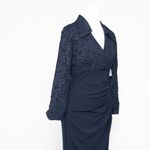 XScape  - Navy Floral Jacquard Long Sleeve Evening Gown Photo 6