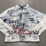 ZARA  Women's Large Graffiti Denim Jean Jacket Blue Graphic‎ Streetwear Oversized Photo 0