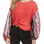 Free People  we the free waffle knit red balloon sleeve top size Small Photo 0