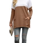 Loose Long Sleeve Color Block Pullover With Pockets Brown Camel Small Photo 0