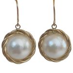 14k 14KT YG Twisted Braid Fresh Water Button Pearl Honora Dangle Earrings Italy Photo 0