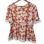 Love Culture  Blouse Orange White Floral Laced Trim Size Large Photo 0
